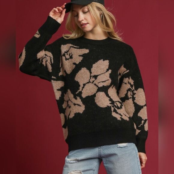 Umgee Floral Long Sleeve Sweater Floral Pattern Sweater Black/ Taupe Sz S M L - Picture 3 of 6